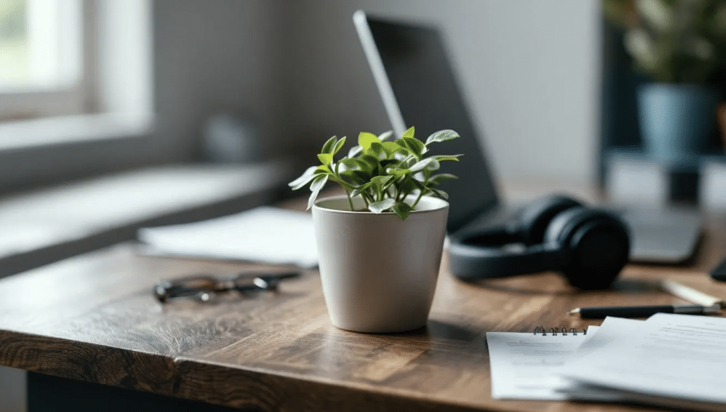 A desktop with computer, plant, glasses, and headphones